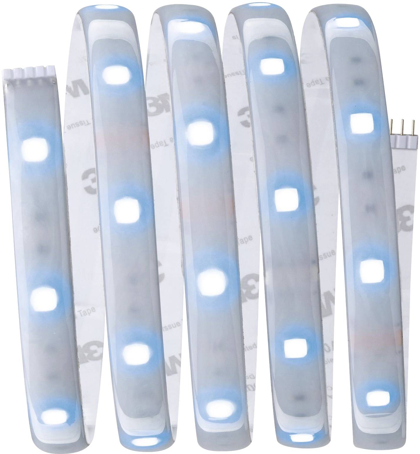 Une bande lumineuse LED enroulée avec des éléments lumineux bleus et blancs sur un support transparent.