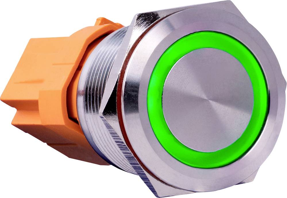 Interrupteur métallique avec anneau lumineux vert et raccordement orange, indiquant l'état de préparation.