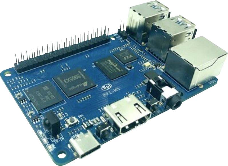 Un ordinateur monocarte avec plusieurs ports et interfaces sur une carte de circuit imprimé bleue, comprenant des ports USB et des broches GPIO.