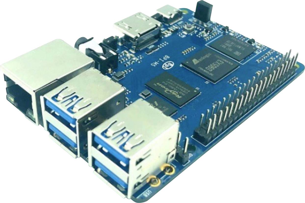 Un ordinateur monocarte doté de plusieurs ports USB, d'un port Ethernet et de broches GPIO, adapté à divers projets et applications électroniques.
