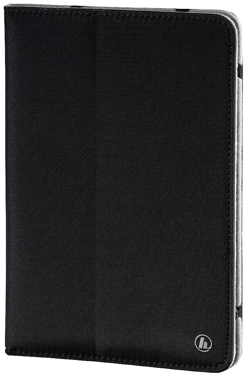 Étui noir pour tablette, fermé. Design minimaliste avec logo de marque dans le coin inférieur.