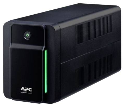 Un système d'alimentation sans interruption (onduleur) noir de APC avec une bande lumineuse verte sur l'avant.