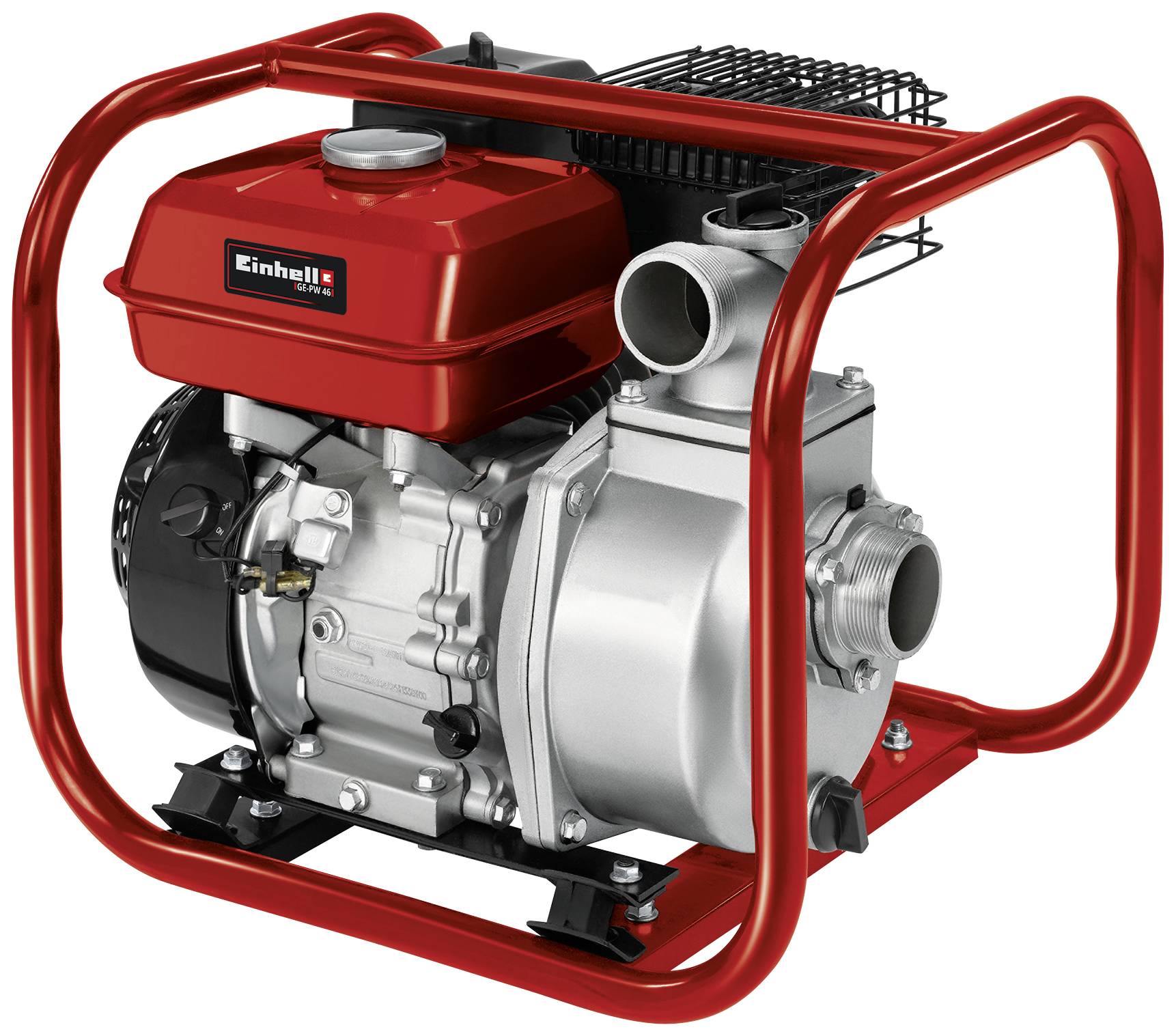 Pompe à eau avec un châssis métallique rouge et le logo Einhell, adaptée pour l'utilisation dans les jardins ou sur les chantiers pour le pompage de l'eau.