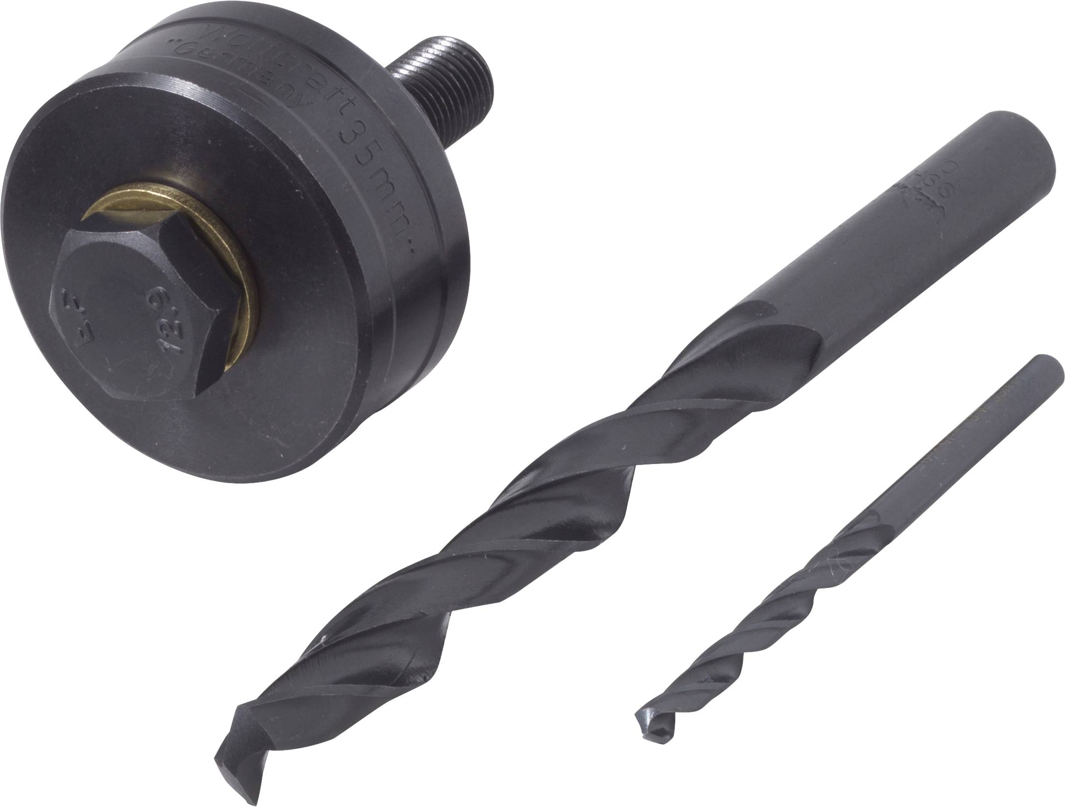 Couronne de forage et deux forets : un grand avec une spirale métallique noire et un petit ; accessoires pour travaux de perçage dans différents matériaux.