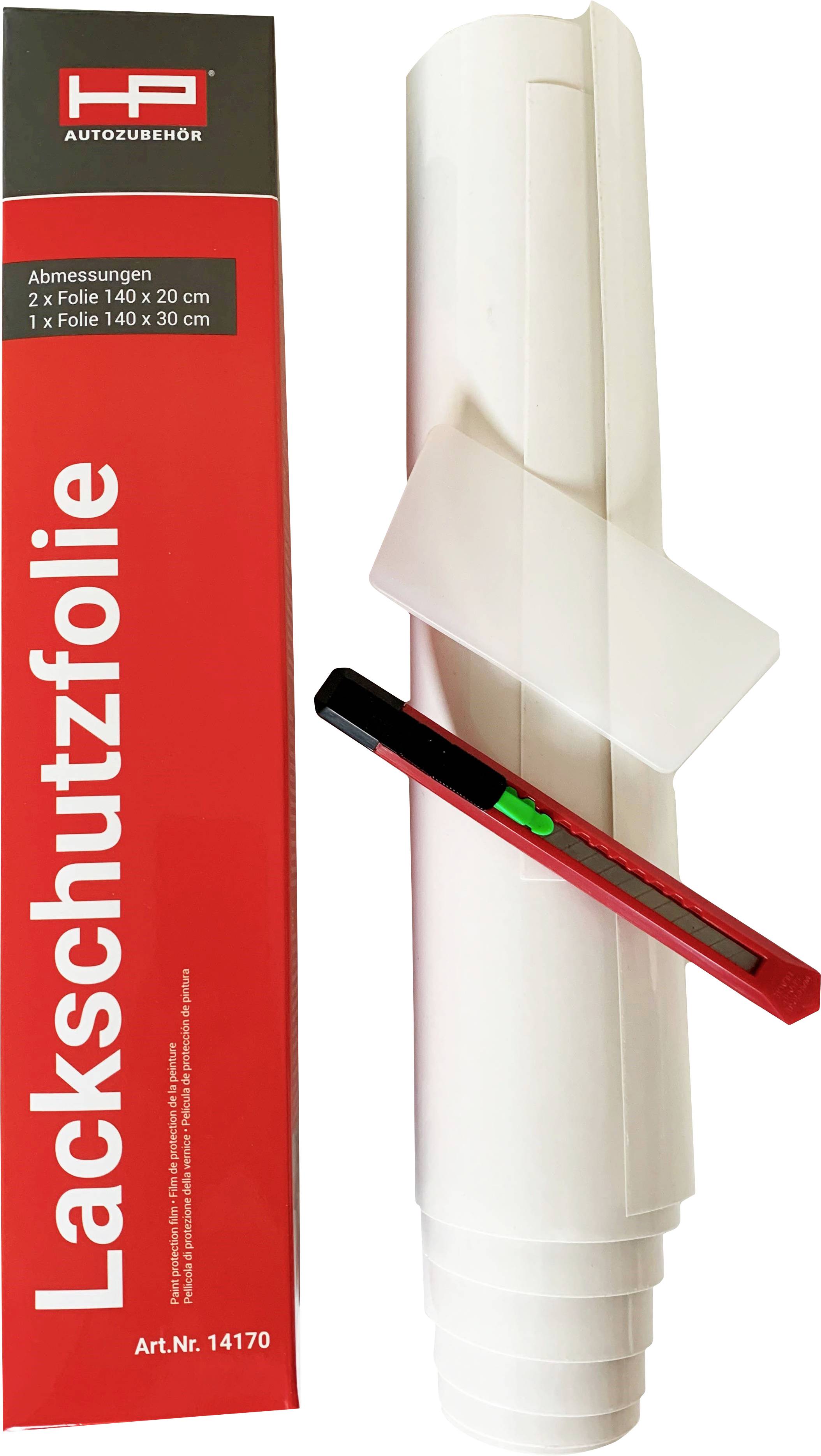 'Kit de film de protection de peinture pour réparation automobile, comprenant deux rouleaux de film blancs et un outil d'application, emballé dans une boîte rouge.'