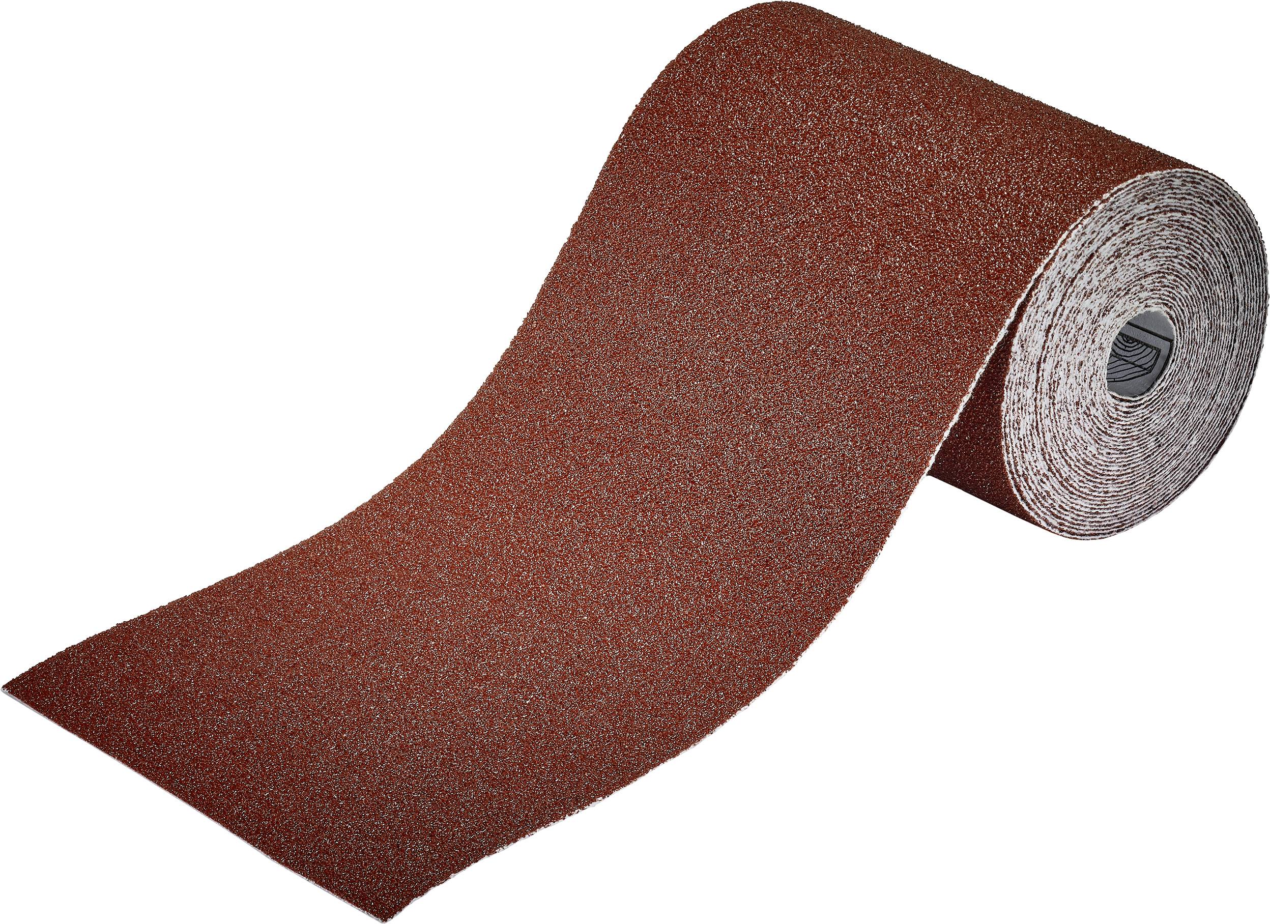 Rouleau de papier de verre de couleur sable, légèrement déroulé, sur fond blanc. Principalement utilisé pour le ponçage de surfaces.