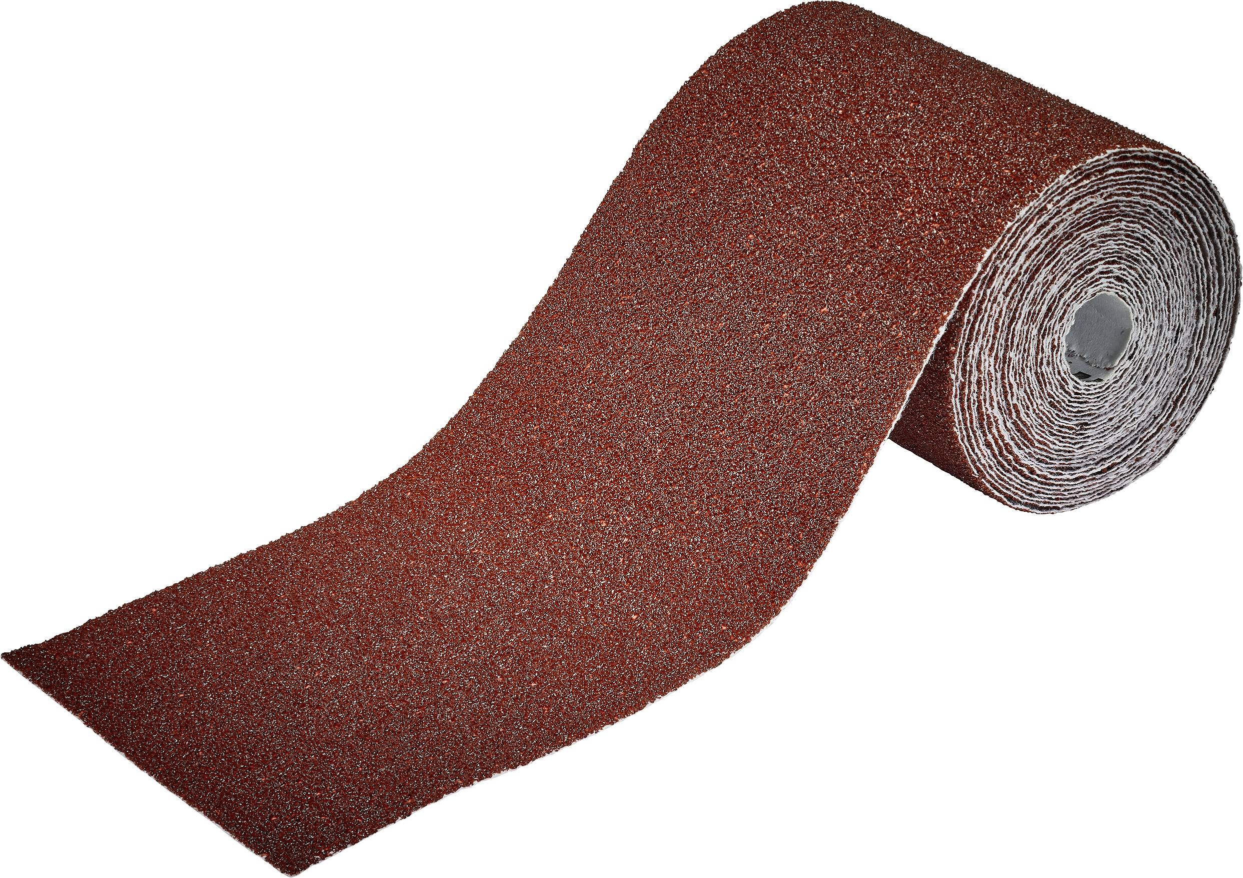 Rouleau de papier de verre brun, partiellement déroulé. Surface rugueuse pour le ponçage de matériaux.