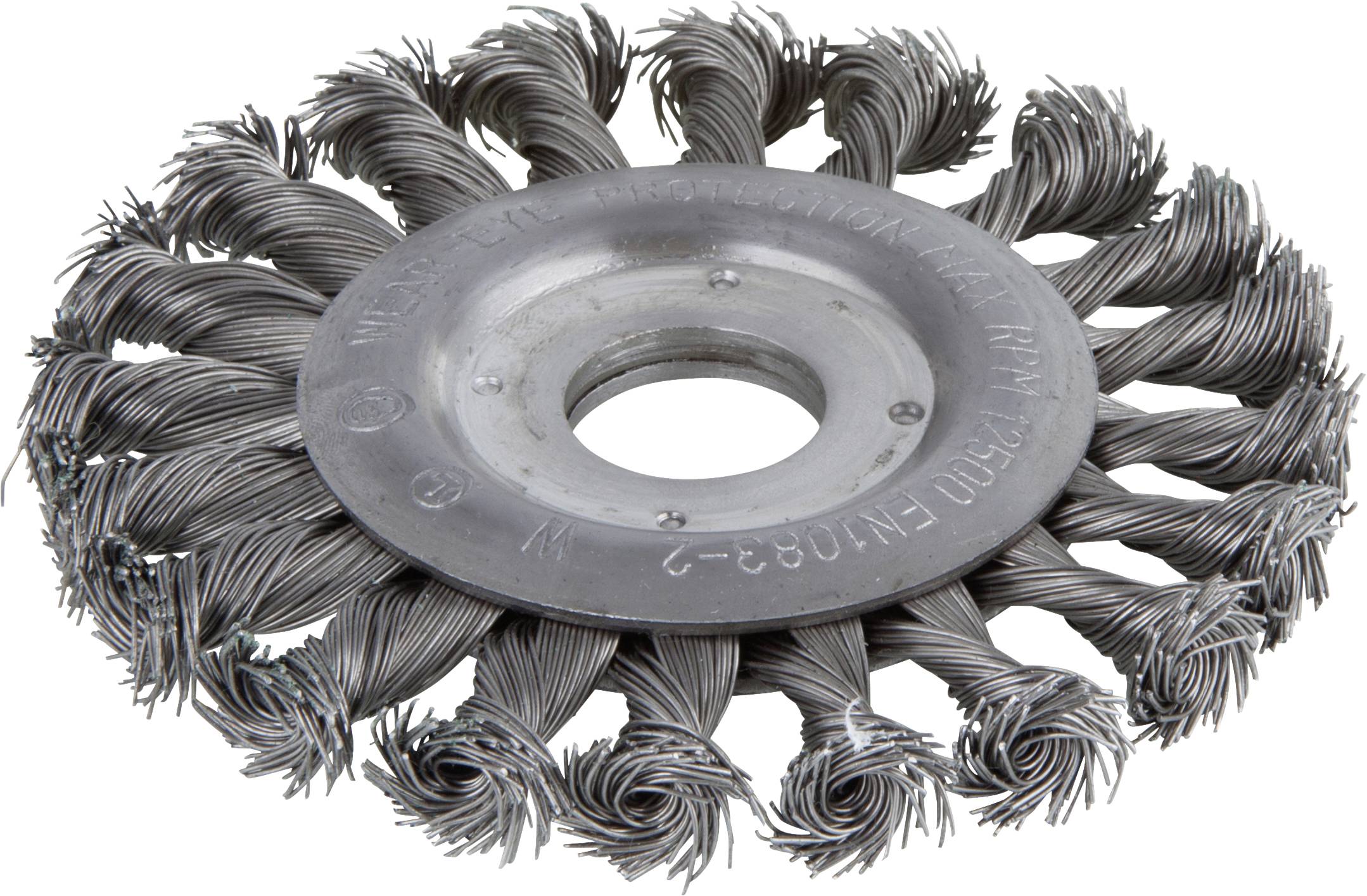 Une brosse métallique ronde avec un centre métallique et des poils disposés en spirale, adaptée au ponçage ou au nettoyage de surfaces.