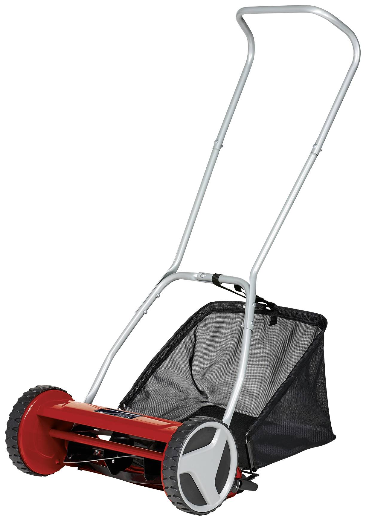 Tondeuse à gazon rouge à deux roues avec un bac de ramassage noir.