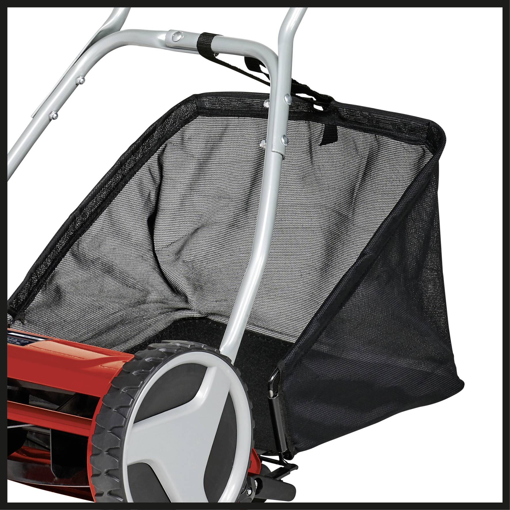 Tondeuse à gazon rouge avec bac de ramassage noir, adaptée aux petits jardins.