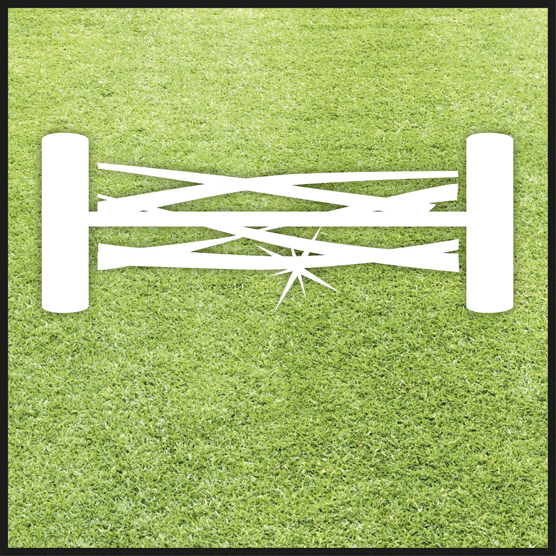 'Clôture endommagée' : Un symbole pictographique représentant une clôture endommagée sur de l'herbe verte, indiquant une zone de danger.