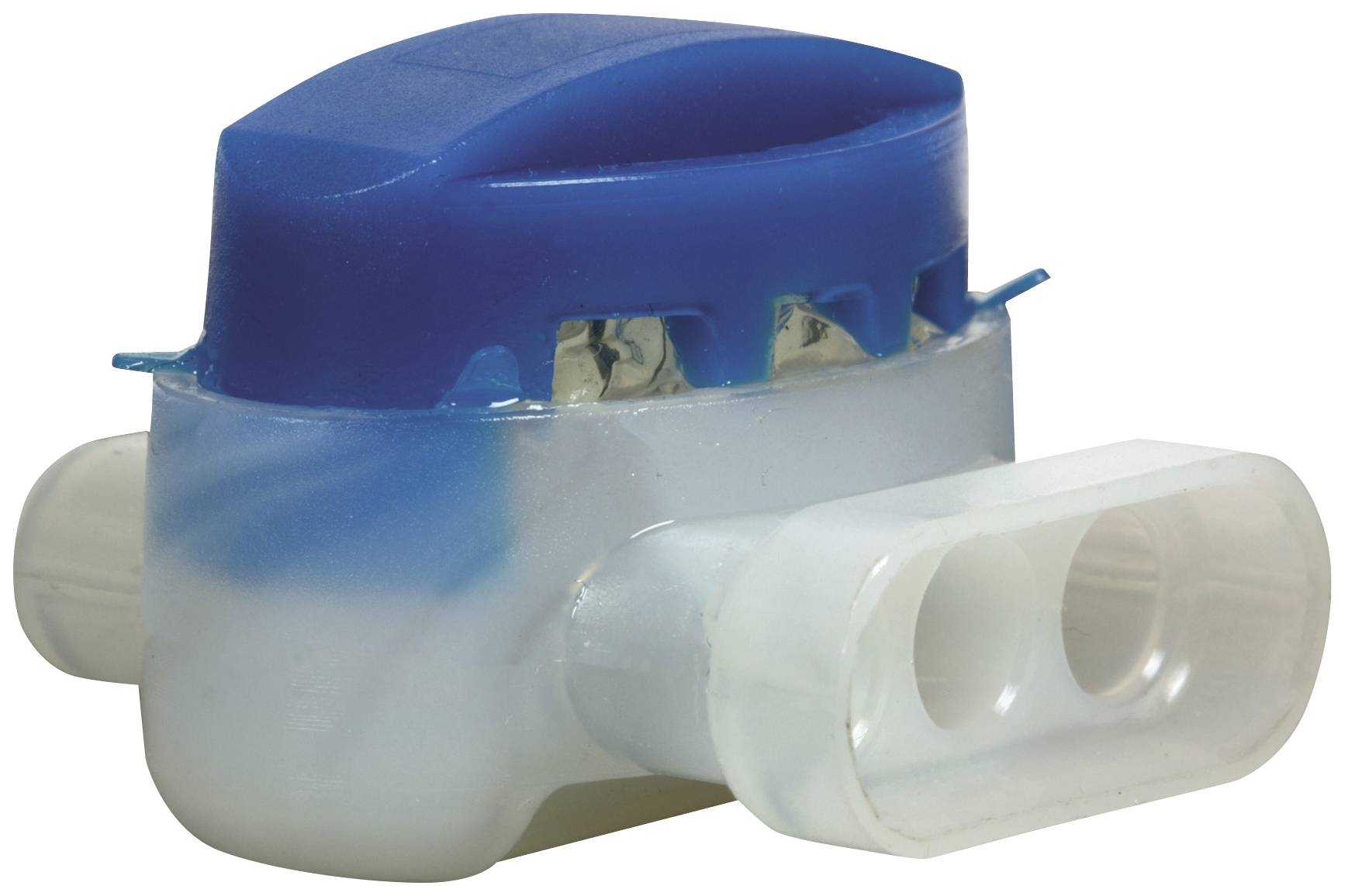 Un connecteur isolant en plastique bleu et blanc. Utilisé pour connecter de manière sécurisée des fils électriques sans souder.