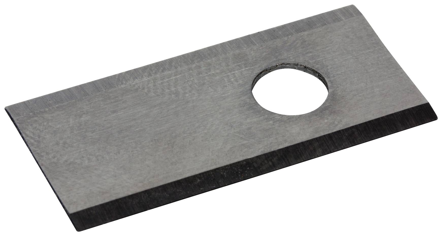 Un élément de lame métallique rectangulaire avec un trou circulaire près d'un bord.