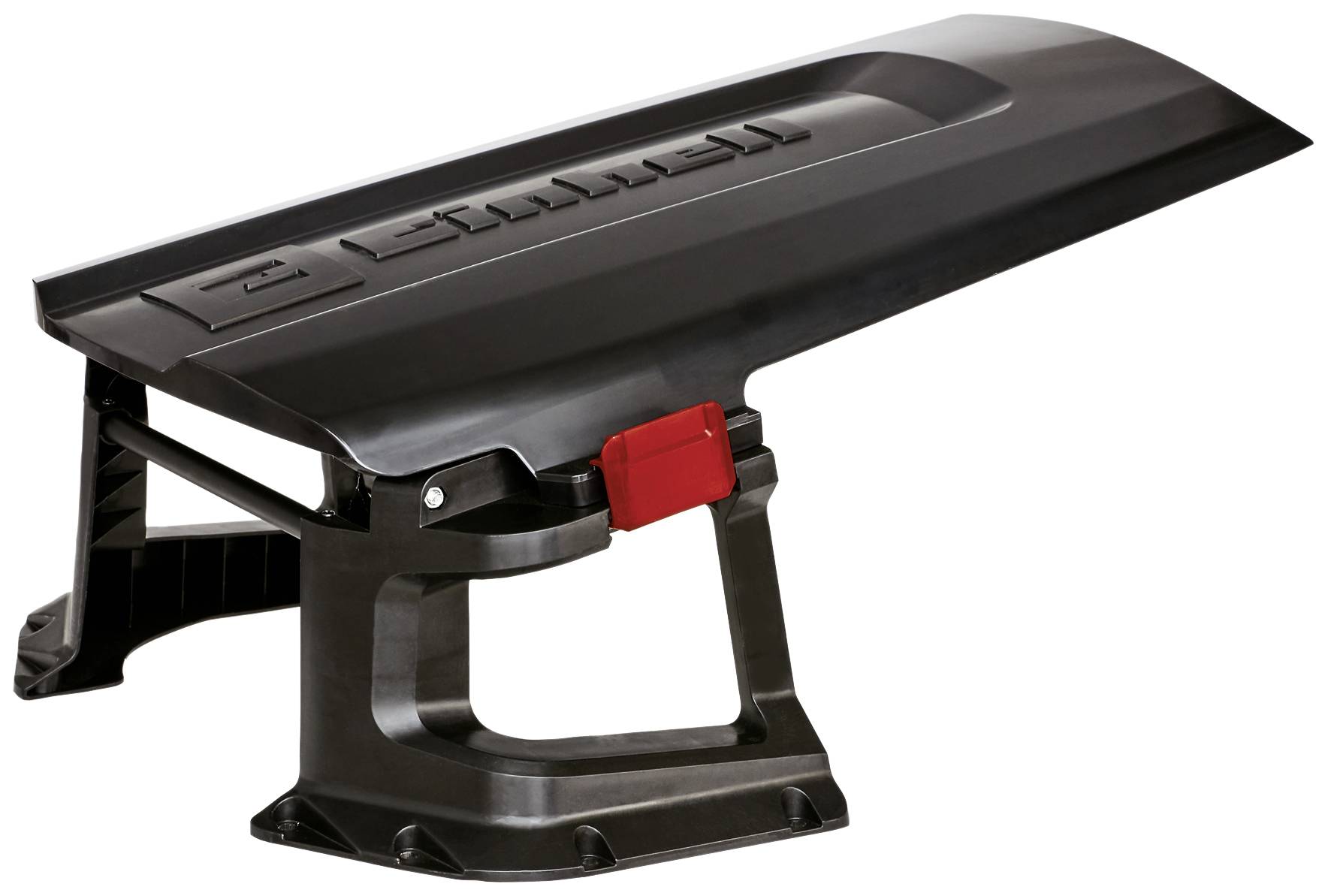 Un aileron de toit noir, aérodynamique, avec un mécanisme de fermeture rouge, représenté de profil et monté sur un support.