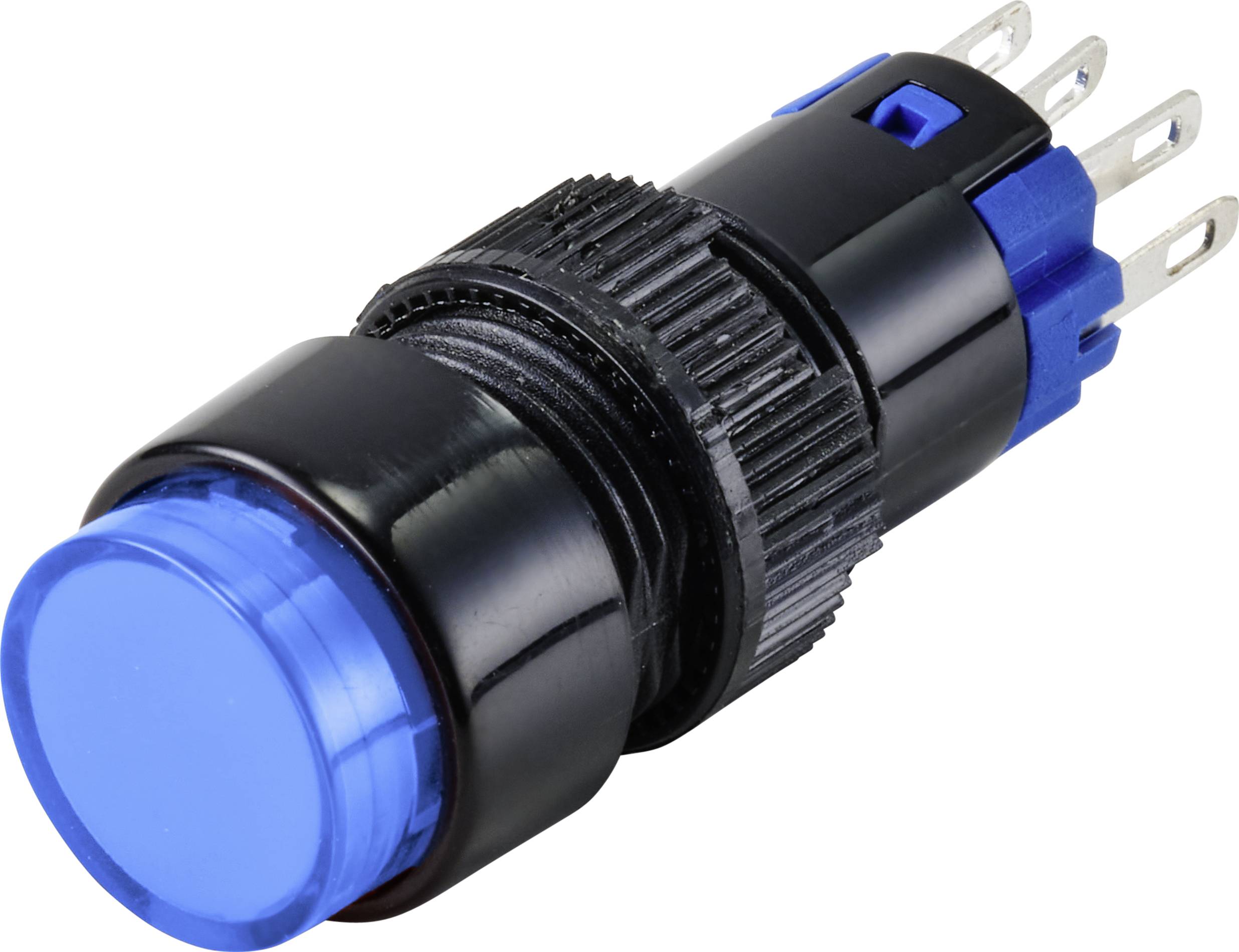 Bouton-poussoir bleu avec boîtier noir et connexions métalliques.