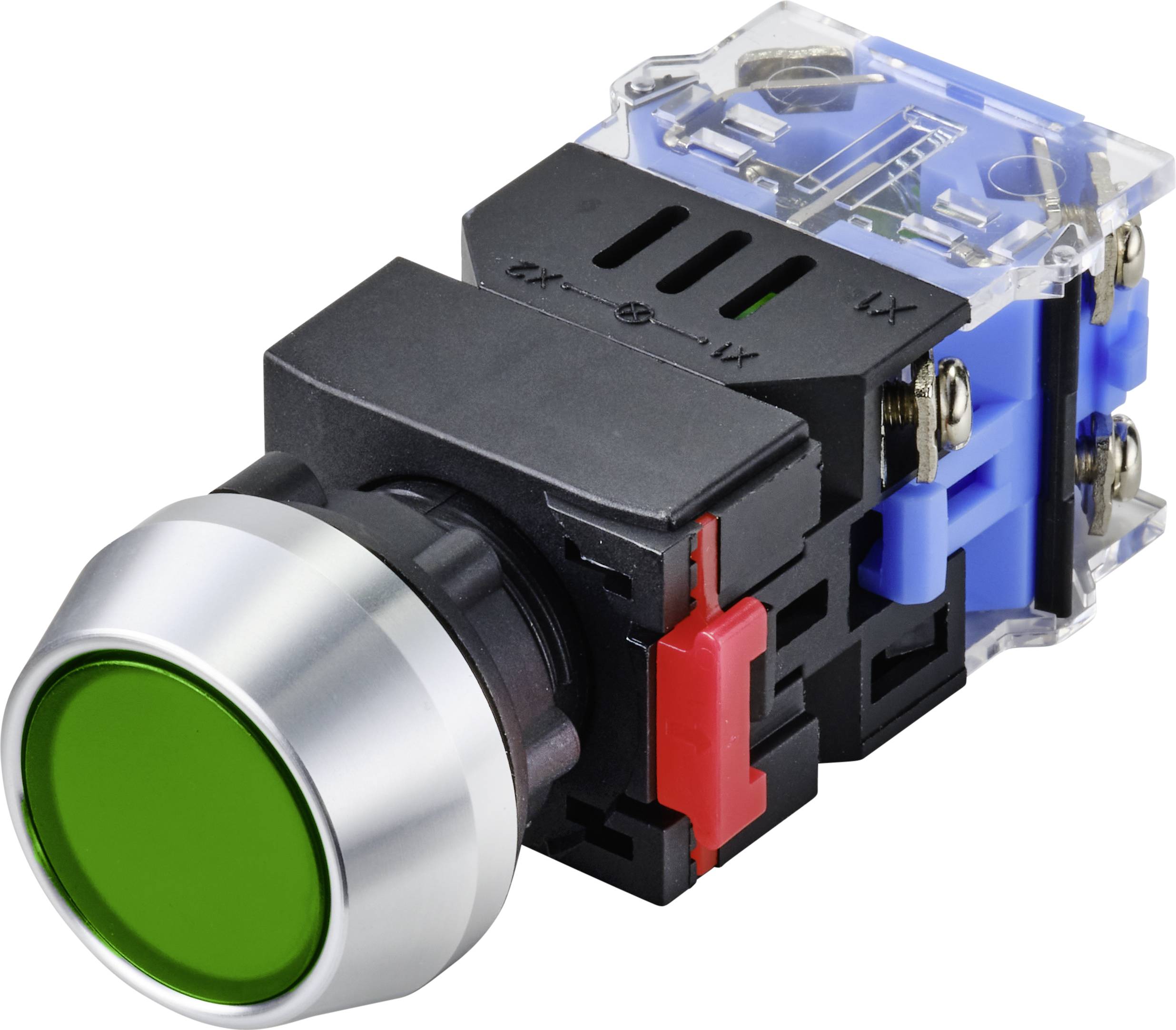 Un bouton-poussoir rond vert avec un boîtier noir et des connexions électriques, adapté aux machines industrielles ou aux systèmes de commande.