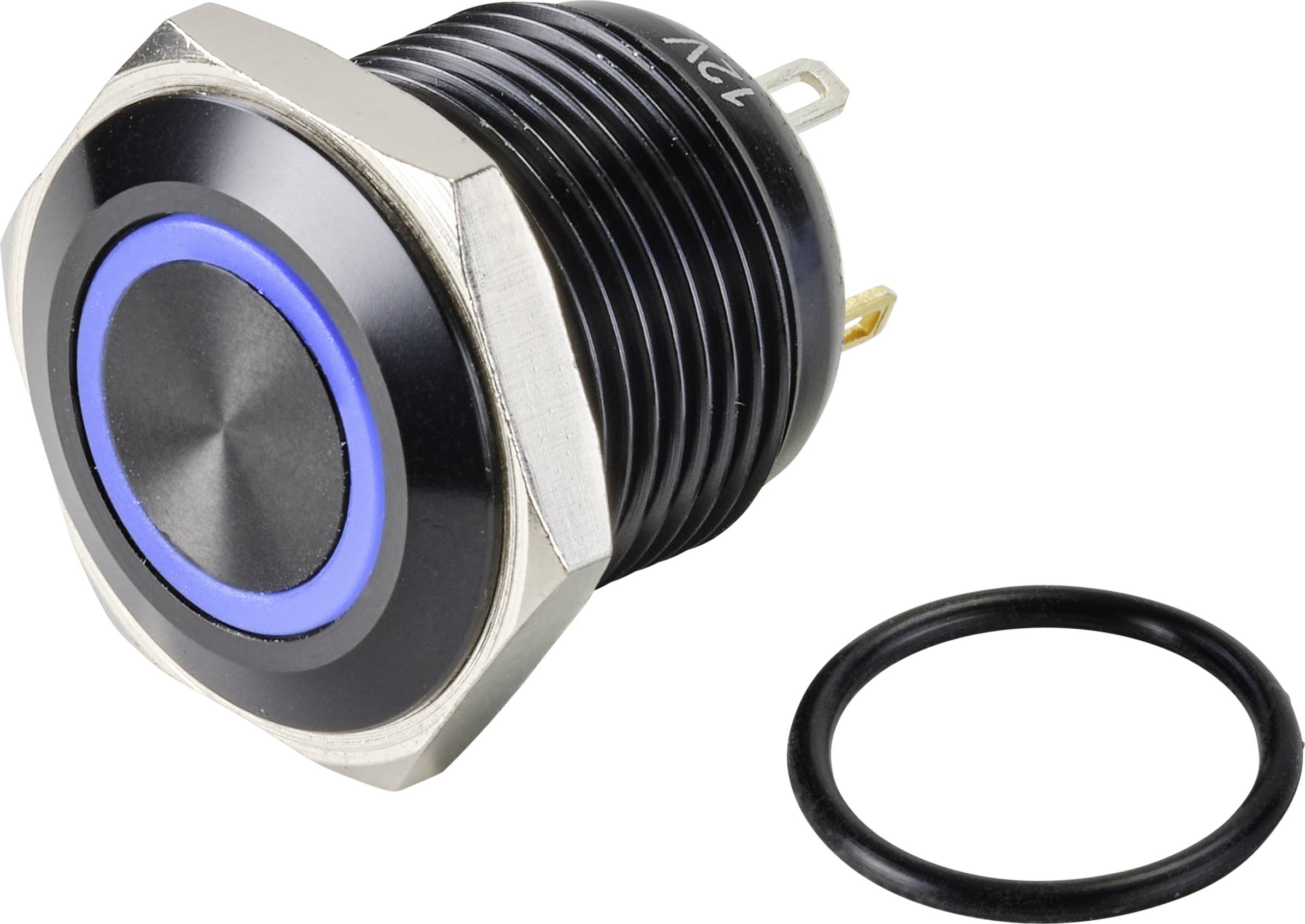 Bouton-poussoir hexagonal argenté avec anneau LED bleu et joint d'étanchéité en caoutchouc noir. Adapté aux applications électroniques.