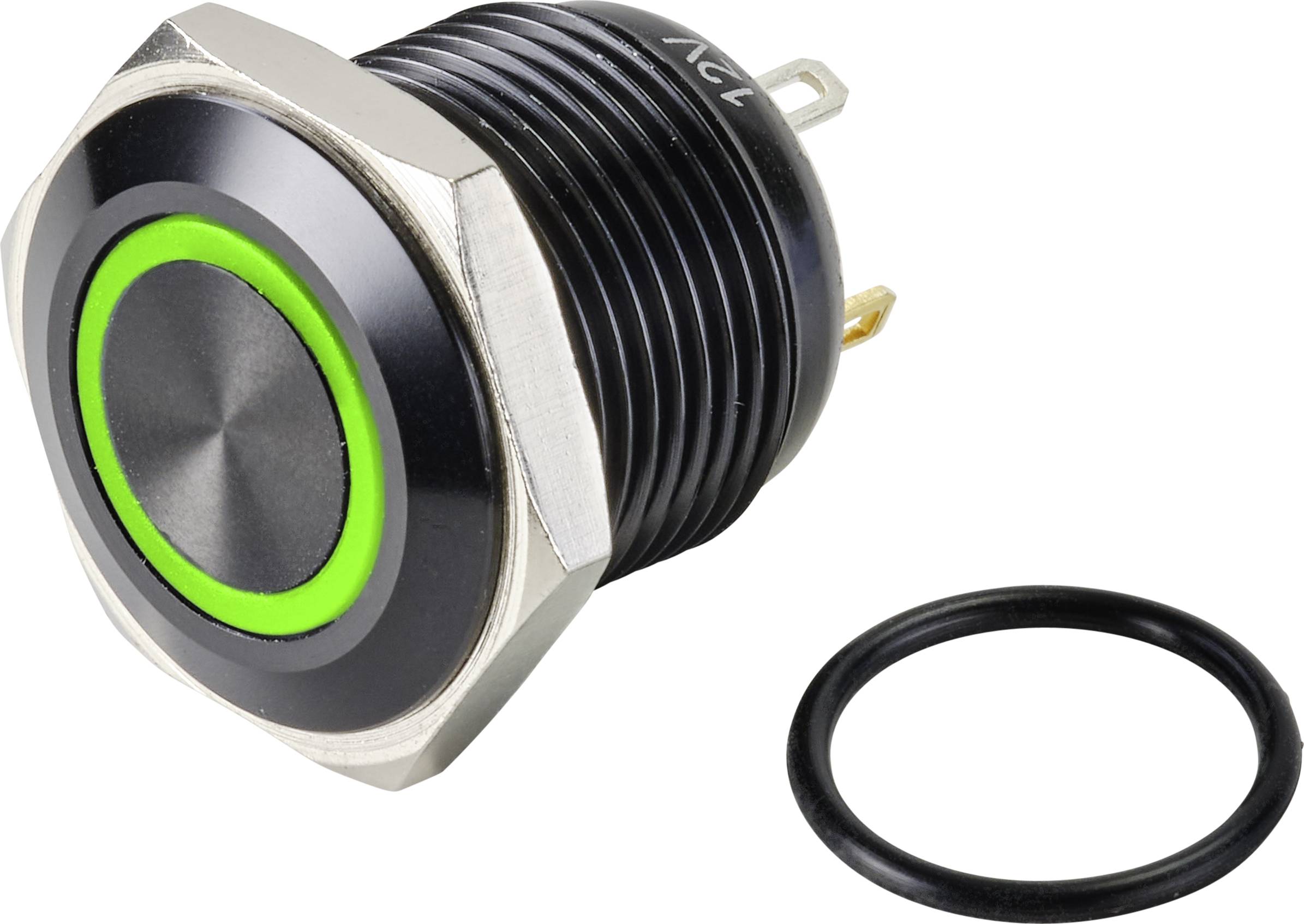 Un bouton-poussoir métallique rond avec un anneau à LED vert, représenté à côté d'un joint d'étanchéité noir. Adapté pour les installations électriques.