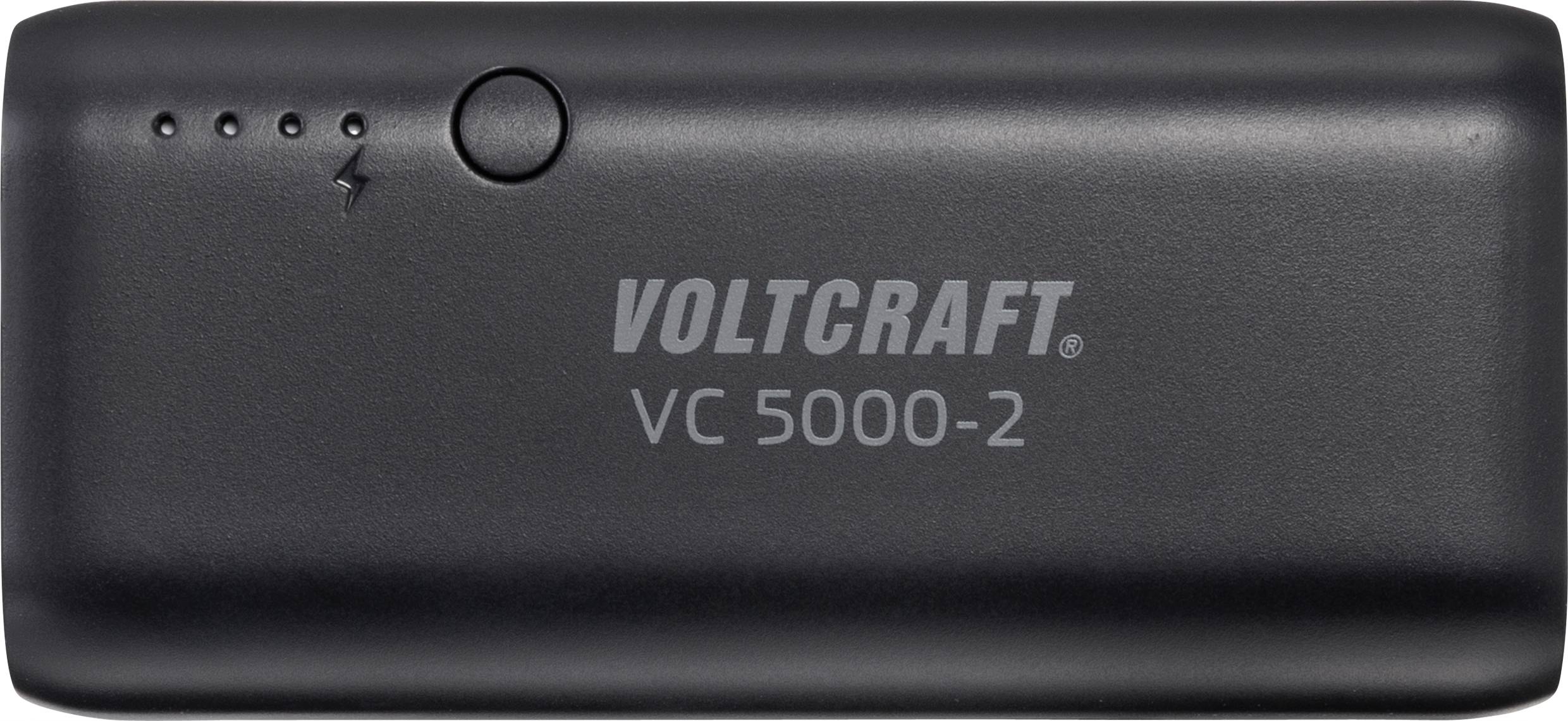 Batterie externe noire 'VOLTCRAFT VC 5000-2' avec indicateur de charge et symbole d'éclair, affichant le statut de charge.