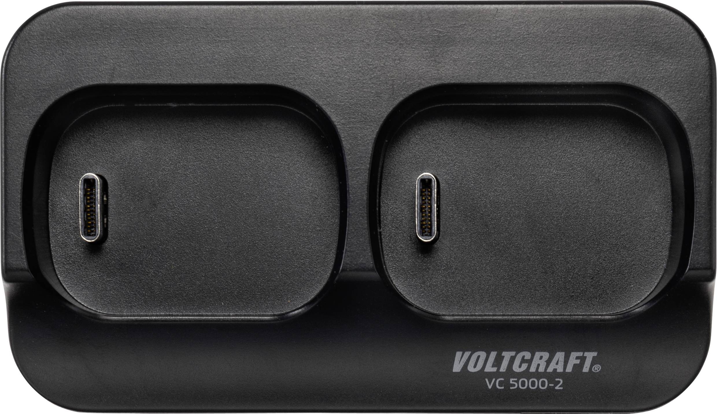 Chargeur avec deux ports USB-C, noir, nom de marque 'Voltcraft VC 5000-2' visible.