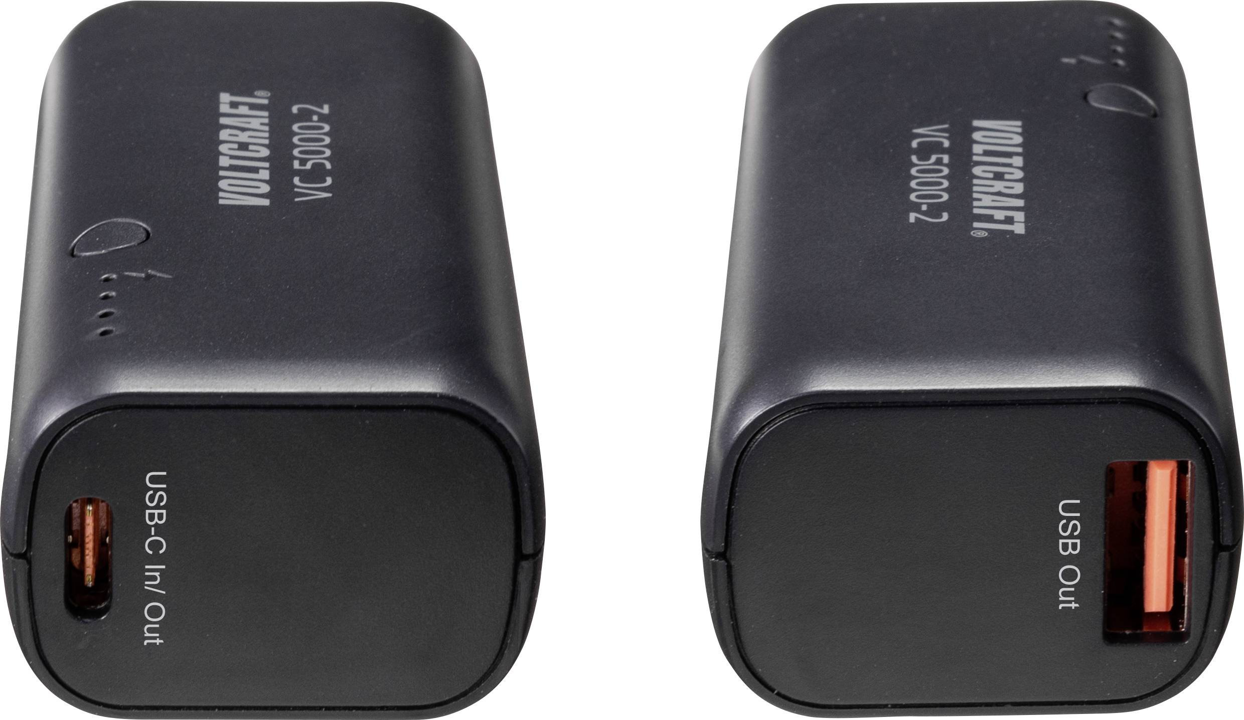 Deux chargeurs portables noirs avec des ports USB-C et USB. À gauche : « Entrée/Sortie USB-C » ; à droite : « Sortie USB » ; les deux affichant le nom de marque « VOLTCRAFT VC 15000-2 ».