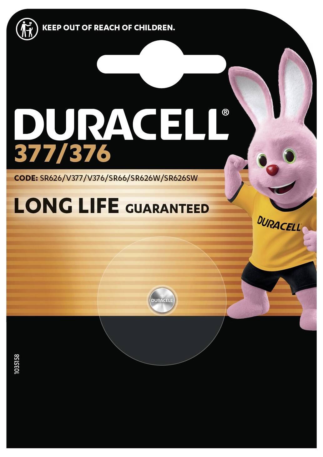 Paquet de piles Duracell 377/376 présentant un mascotte lapin rose dans un chemisier jaune. Texte : Longue durée garantie. Code : SR626/V377.