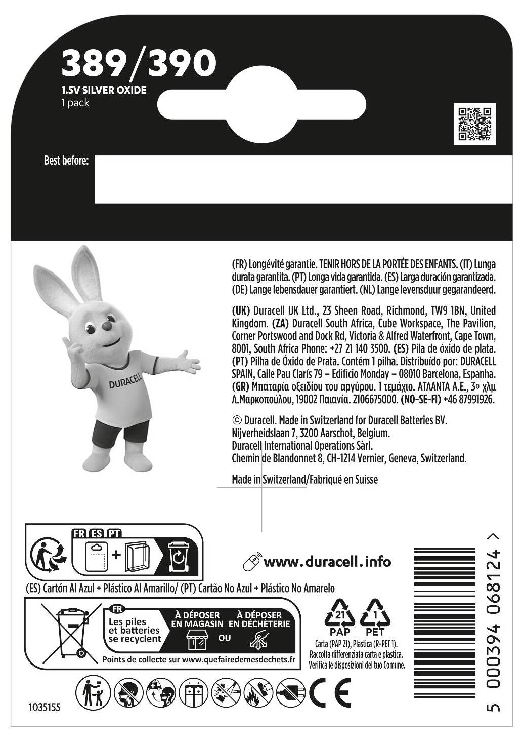 Paquet de quatre piles AA « Duracell Plus », offrant une longévité accrue (« 150 % de vie supplémentaire ») et un mascotte de lapin rose sur l'emballage.