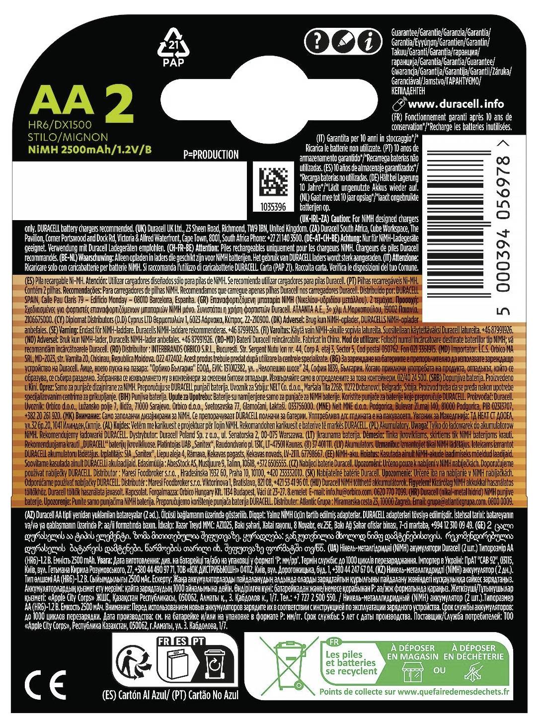 Le dos d'un emballage de piles Duracell montrant les informations produit, les spécifications, les avertissements de sécurité, les instructions de recyclage et les coordonnées de contact.