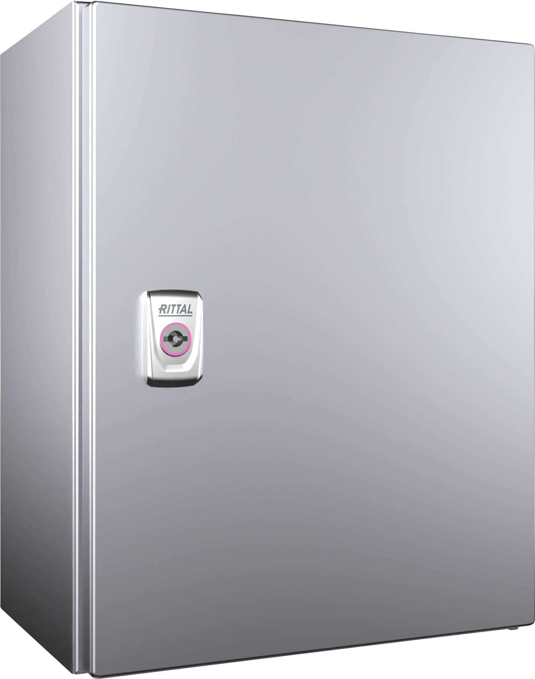 Armoire métallique argentée avec logo Rittal sur la poignée, adaptée au rangement d'équipements techniques ou de documents.