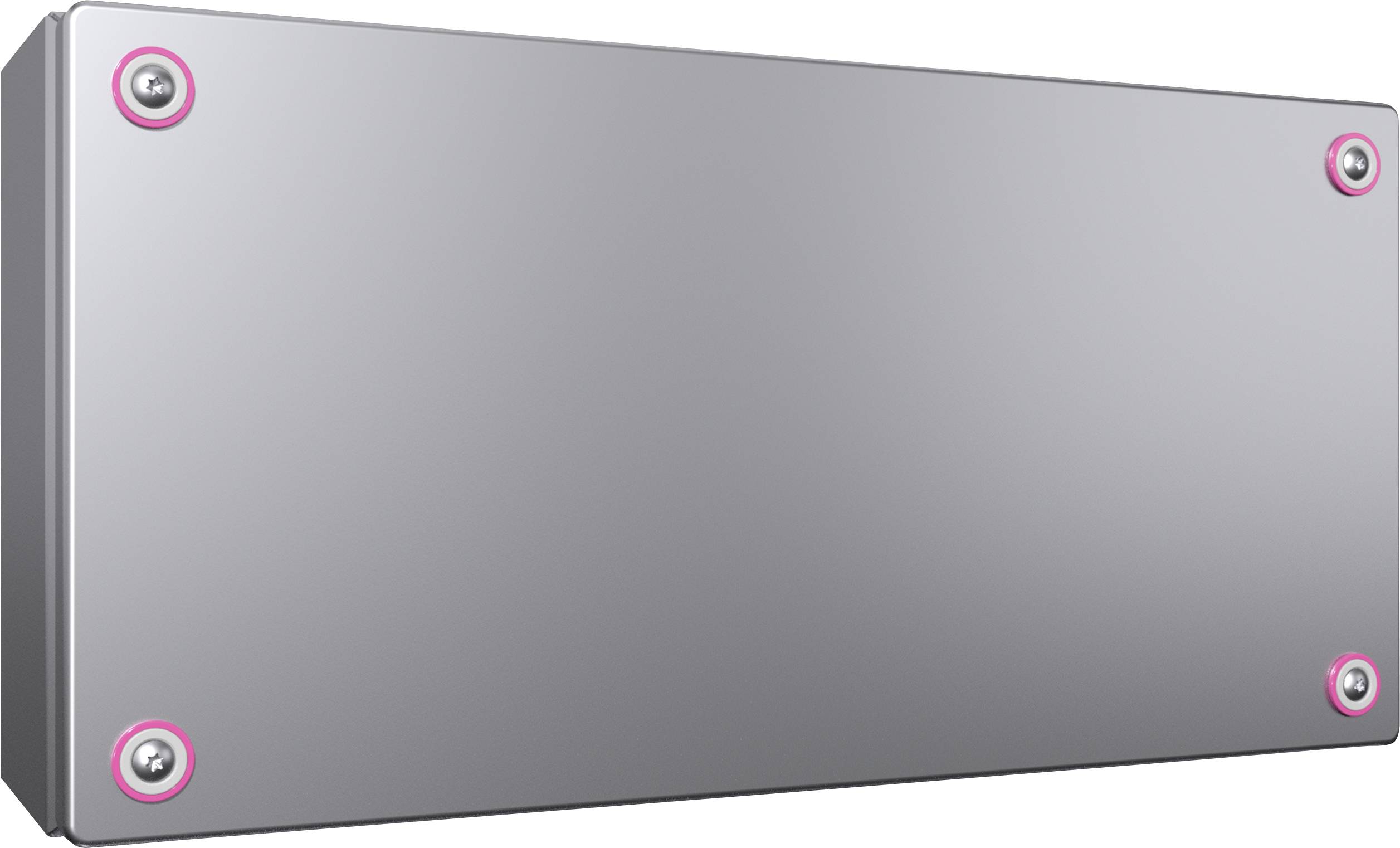 Boîte métallique rectangulaire aux coins arrondis, sécurisée par quatre vis situées aux angles.