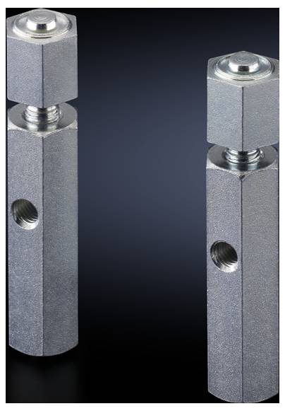 Deux amortisseurs métalliques de butée avec un design hexagonal et des trous filetés latéraux sur un fond noir.