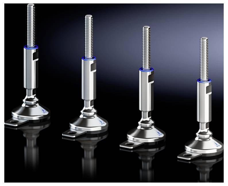 Quatre pieds de machine réglables en acier inoxydable avec un marquage bleu, disposés en ligne sur une surface brillante.