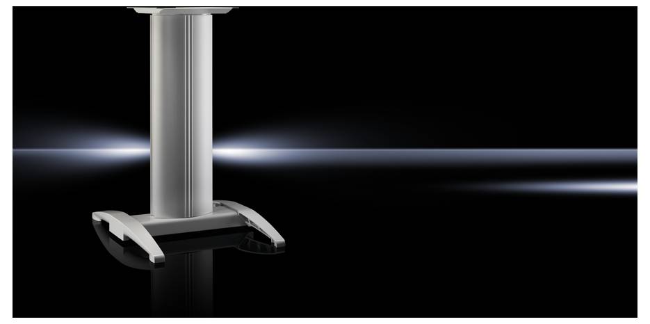 Une jambe de table argentée devant un fond noir avec des rayons lumineux de chaque côté.