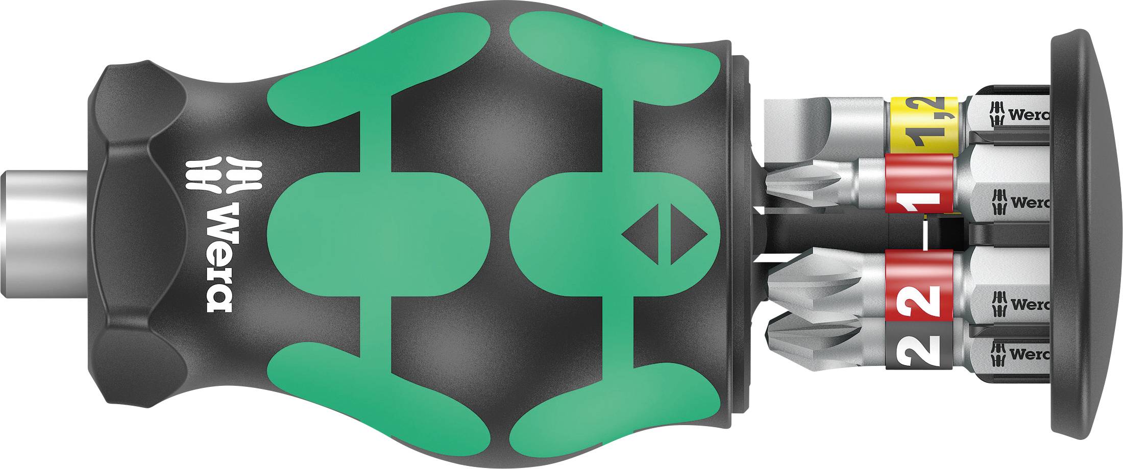 Un tournevis multifonctionnel avec une poignée ergonomique et un porte-embouts intégré présente différentes embouts avec un code couleur.