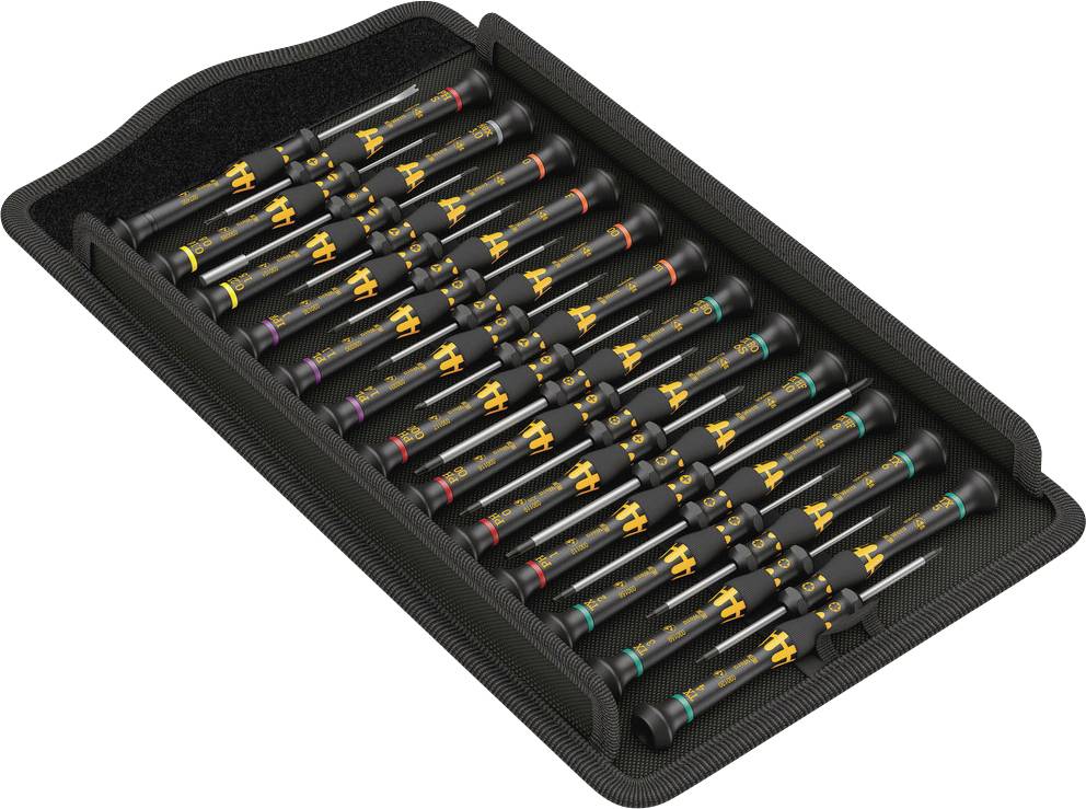 Un ensemble de 25 tournevis de précision, rangés dans un support noir, chacun doté de poignées colorées pour différents types de têtes de vis.