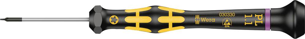 Tournevis avec manche noir et accents jaunes, marqué 'PL 1'. Adapté aux travaux fins et aux réparations de précision.