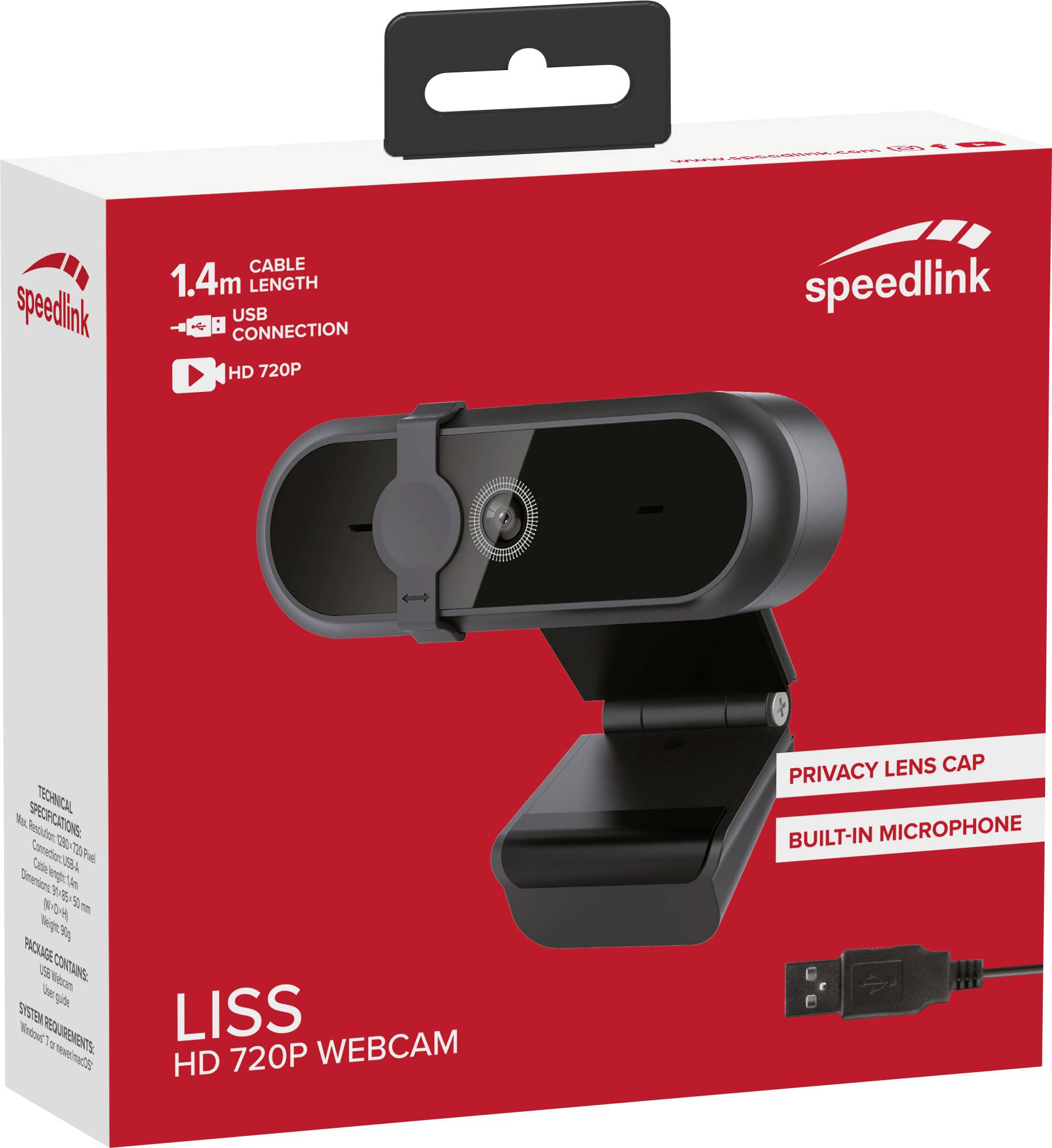 Webcam HD SpeedLink SL-601800-BK 1280 x 720 Pixel support à pince