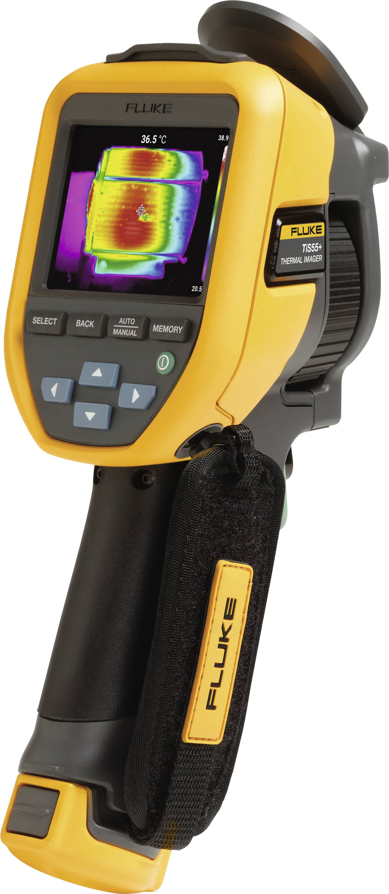 Caméra thermique portable affichant la mesure de température sur l'écran. Appareil avec un boîtier jaune et une poignée noire, nom du fabricant visible.
