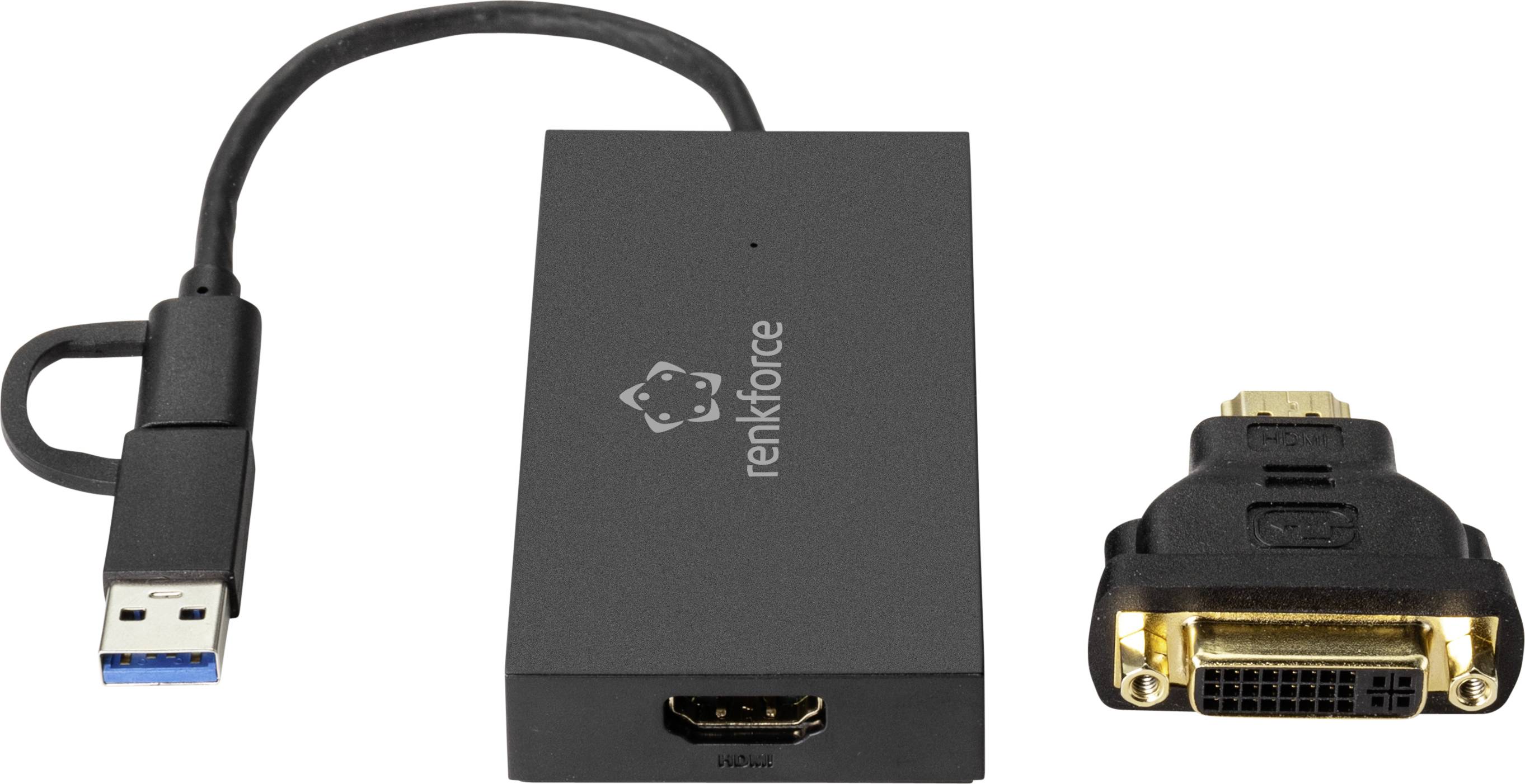 Convertisseur USB vers HDMI avec une prise HDMI et une prise USB, à côté d'un adaptateur DVI. Pour connecter des appareils.
