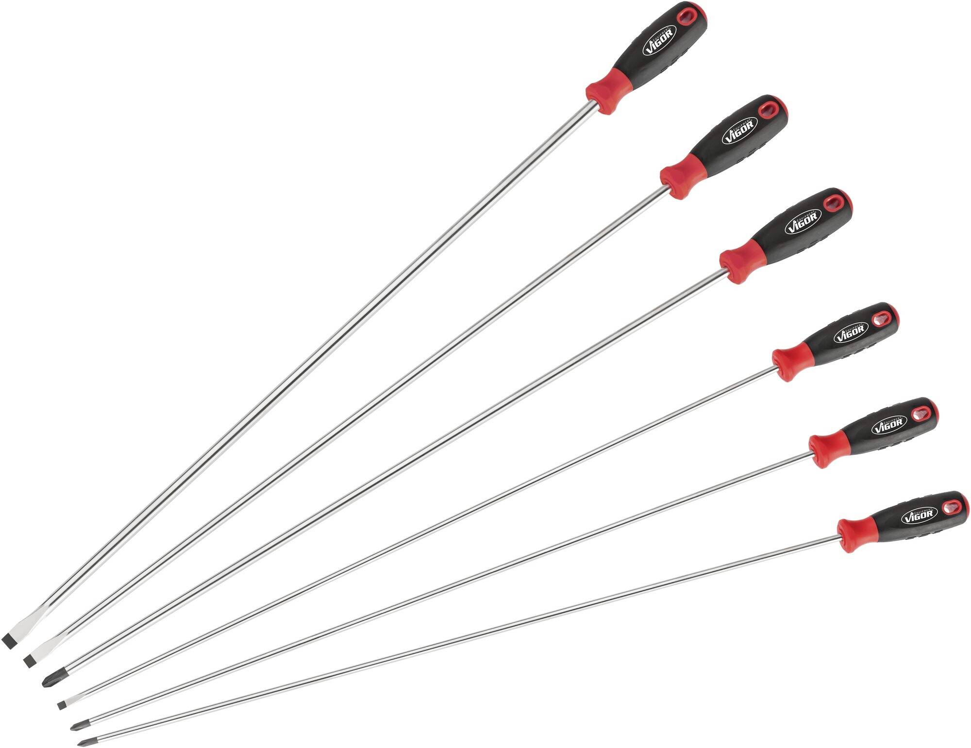 Six tournevis longs avec des poignées rouges et noires, disposés en différentes tailles de petit à grand.