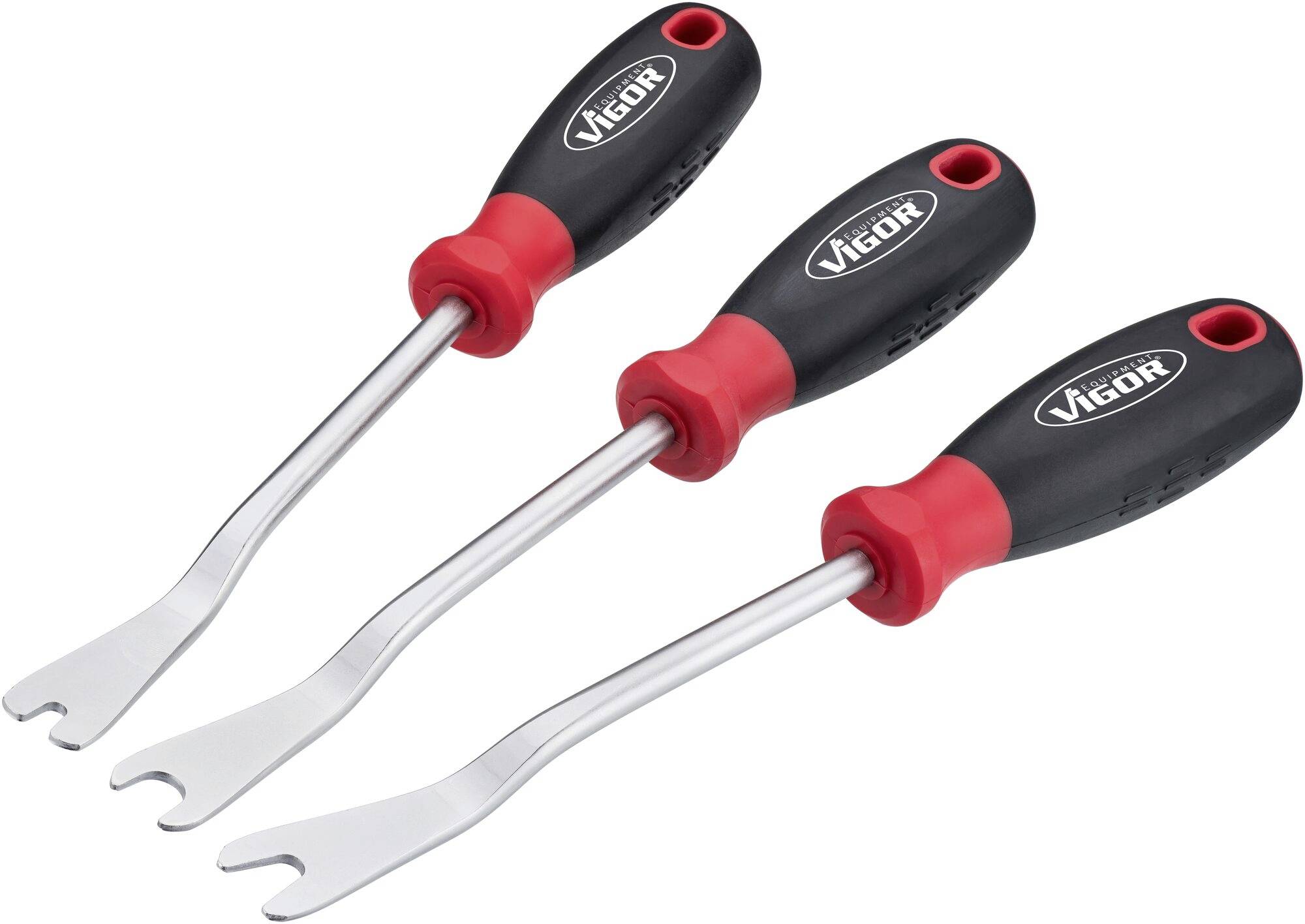 Trois leviers en plastique rouge et noir avec des lames métalliques, utilisés pour retirer des pièces de carrosserie, sur un fond blanc.