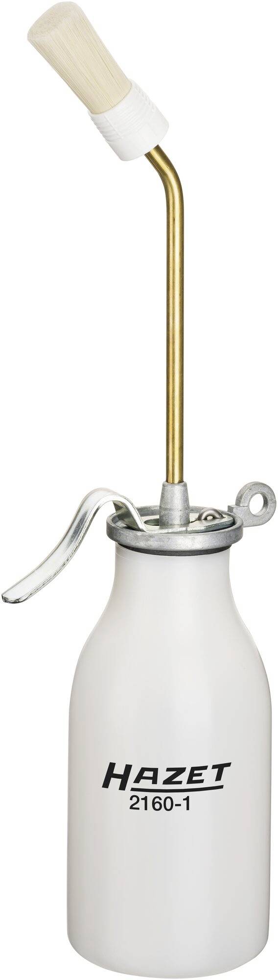 Burette avec un court tuyau métallique et un mécanisme de pompage, bouteille blanche portant l'inscription 'Hazet 2160-1'.