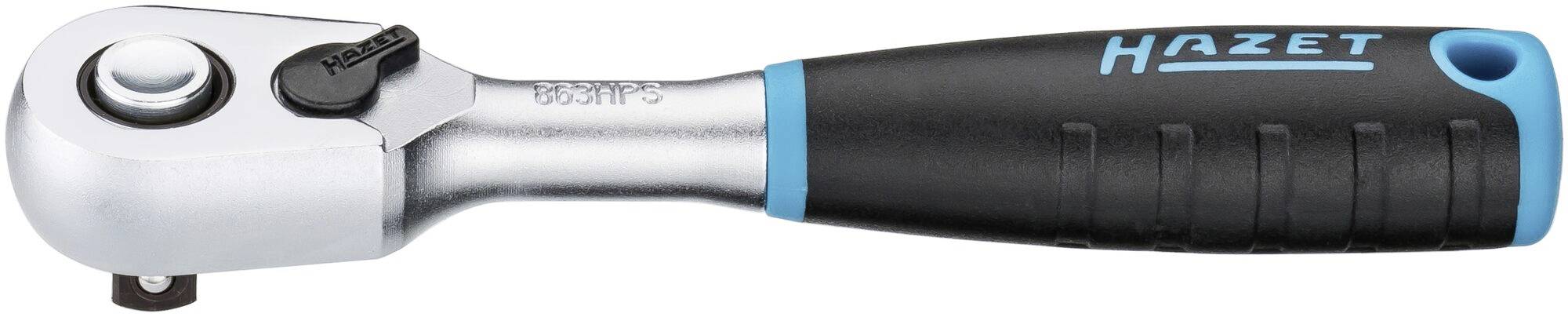 Clé à cliquet avec poignée noire et inscription bleue 'Hazet'. Tête en métal argenté avec bouton et levier de réglage du sens de rotation.