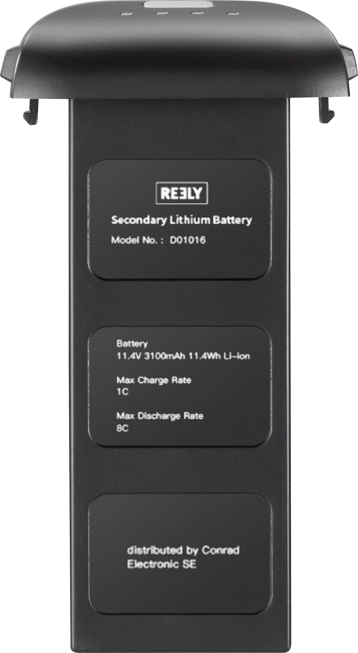 Batterie Lithium Secondaire, Numéro de Modèle : D01016. Batterie 11,4V 3100mAh 11,4Wh Li-ion. Taux de Charge Max 1C. Taux de Décharge Max 8C. Distribué par Conrad Electronic SE.