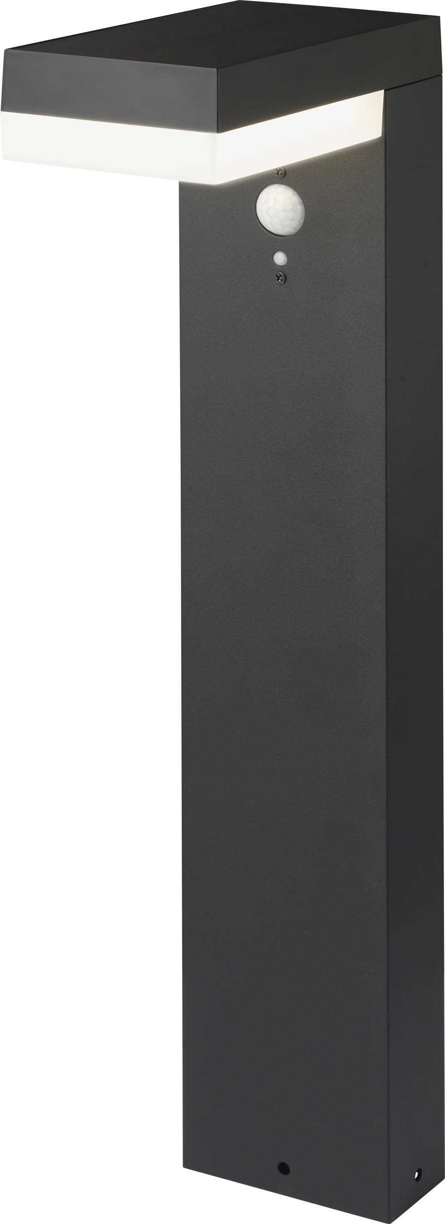 Luminaire extérieur noir à tête rectangulaire et détecteur de mouvement intégré.