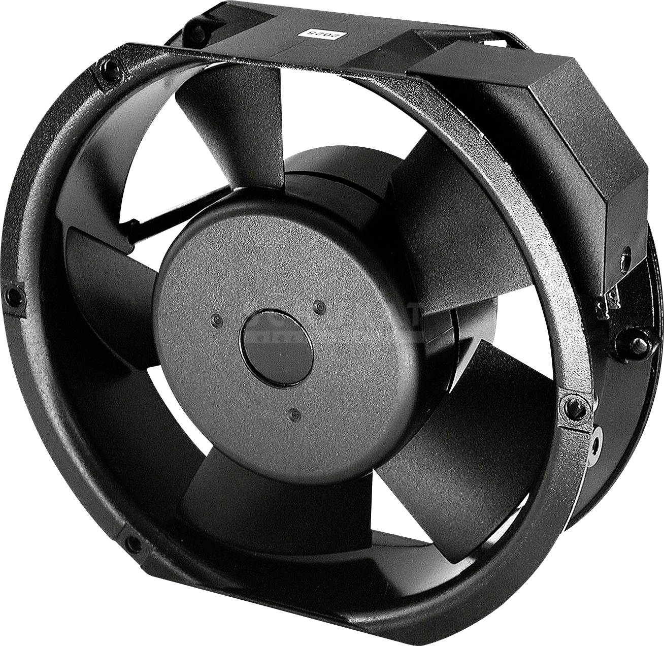 Ventilateur noir à cinq pales dans un boîtier robuste, ouvert sur le côté, conçu pour des applications industrielles.