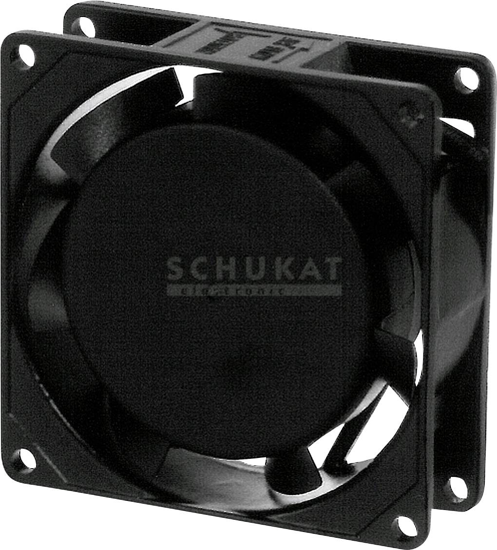 Un ventilateur noir avec quatre trous de fixation aux coins. Le logo 'SCHUKAT' est visible sur la face avant.