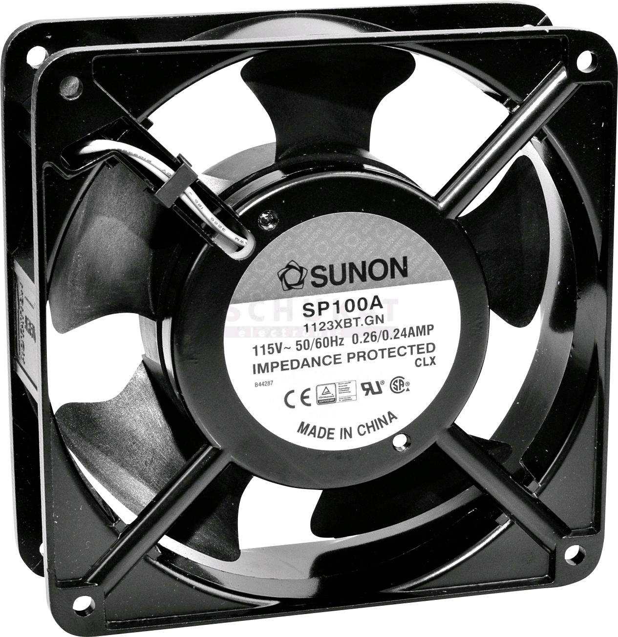Un ventilateur noir portant l'inscription 'SUNON SP100A', tension de 115V, 50/60Hz, puissance de 0,26/0,24A, fabriqué en Chine.