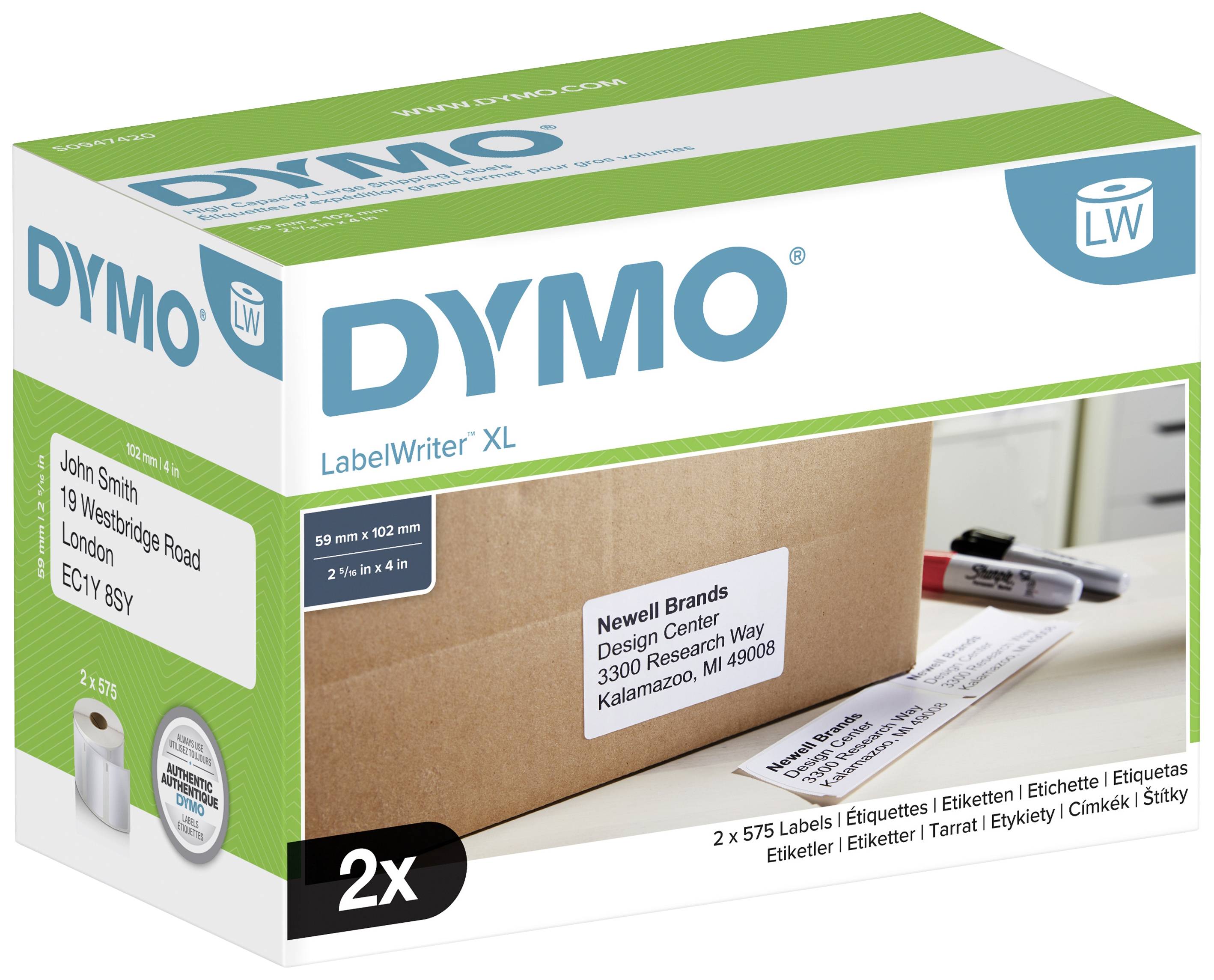Un emballage de DYMO LabelWriter XL avec une image d'une étiquette sur un colis. Contient 2 x 575 étiquettes.