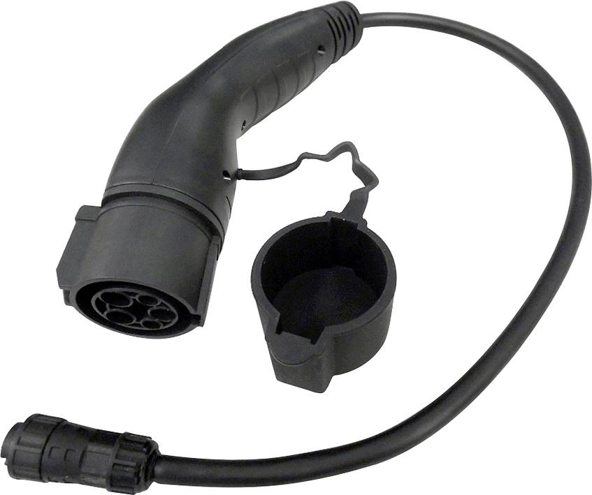 Prise de charge pour véhicule électrique avec un capuchon de protection, montrant sept emplacements de broches internes et un câble attaché.